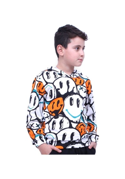 Fyk Kids Gülen Yüz Desenli Kapşonlu Unisex Sweatshirt Turuncu