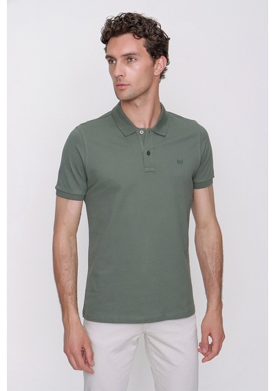 Haki Basic Düz %100 Pamuk Slim Fit Dar Kesim Kısa Kollu Polo Yaka Tişört 99yc018011710 Haki