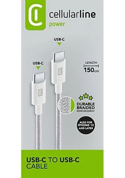 Cellularlıne Usb-c To Usb-c Örgü Dayanıklı 150 Cm Şarj Kablosu Beyaz