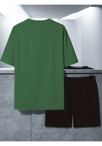 Uyguntarz Unisex Papatya Kelebek Tasarım Basklı Tshirt Şort Takımı Yeşil