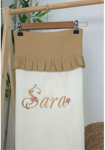Gros Shop Müslin Yeni Doğan 4katlı Organik %100pamuk Kişiye Özgü Nakışlı Hastane Çıkış Seti Papatya Model-13 Ekru-2