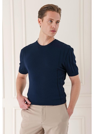 Efor Slim Fit Bisiklet Yaka Kısa Kol Lacivert Triko Tr 869 Lacivert