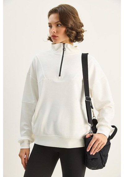 Shade Kadın Dik Yaka Yarım Fermuarlı Cep Detaylı Oversize Modal Sweatshirt 60601053 - Ekru