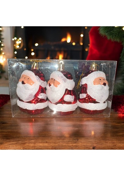 Vıp Deluxe 3 Adet 8 Cm Parlak Simli Kırmızı Noel Baba Yılbaşı Ağacı Süsleri Noel Ağacı Süsleri