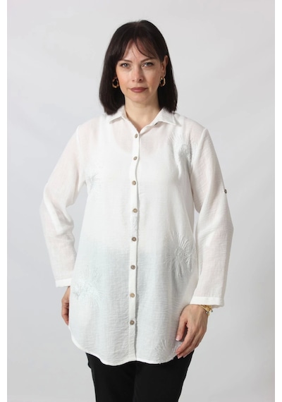 Moda Berray Bb-092 Beyaz Gümüş Yaldızlı Güneş Desenli Kolu Apoletli Yandan Cepli Tunik Gömlek Kadın Büyük Beden Beyaz
