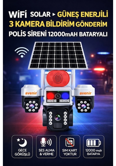 3 Kameralı Güneş Enerjili Wi-fi Güvenlik Kamerası 15mp Solar