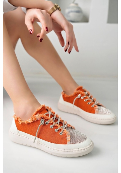 Craft Moda Neva Taşlı Düz Taban Kadın Kot Sneakers Turuncu