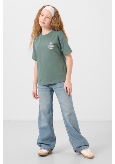 Açık Yeşil Pamuklu O Yaka Oversize Fit Baskılı Kız Çocuk T-shirt - 75178 Yeşil