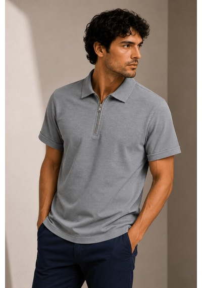Alexandergardi Kısa Kollu Fermuarlı Polo Yaka T-shirt Gri