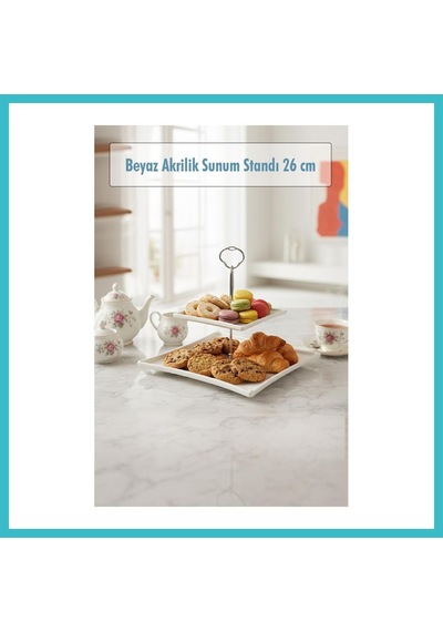 Bezos 2 Katlı Beyaz Akrilik Meyvelik & Kurabiyelik & Sunum Standı - 26 Cm Dfnbez