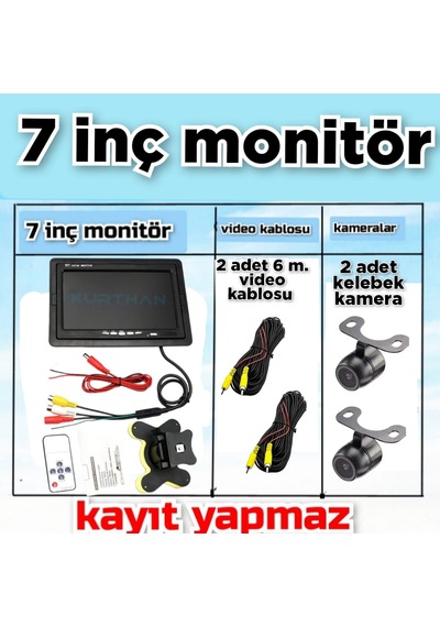 2 Ad. Kelebek Kamera + 7'' Monitör Seti Kayıt Yapmaz 12 Volt