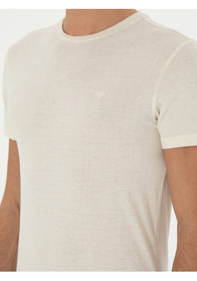 Ekru Slim Fit Keten Karışımlı Bisiklet Yaka T-shirt 15469610