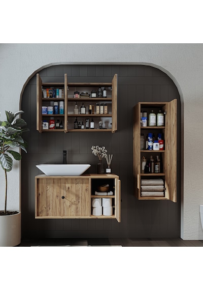 Lavabolu Mat Mdf 90 Cm Çekmeceli Banyo Dolabı + Aynalı Üst Dolabı Atlantik Çam