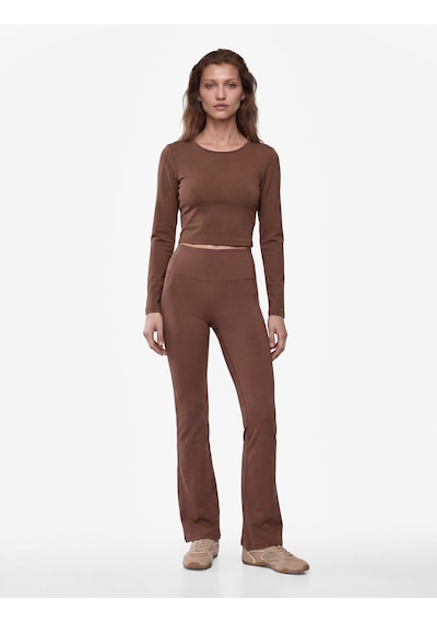 Koton Slim Fit Uzun Kollu Bisiklet Yaka Crop Spor Tişört Kahverengi 7wak10091nk Kahve