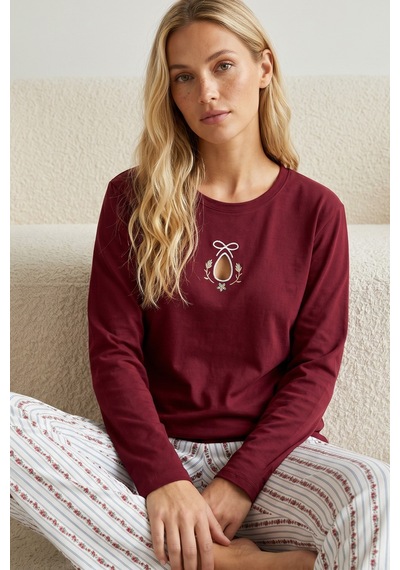 Siyah İnci Nakışlı Pamuklu Likralı Örme Pijama Takım26240345 Bordo