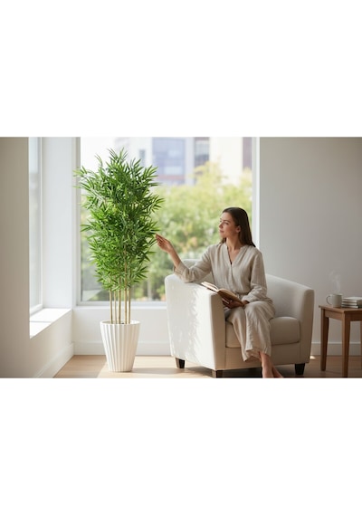 Yapay Bambu Ağaç 150 Cm 6 Dallı Yogun Yaprak Lilyum Beyaz Saksı Yeşil