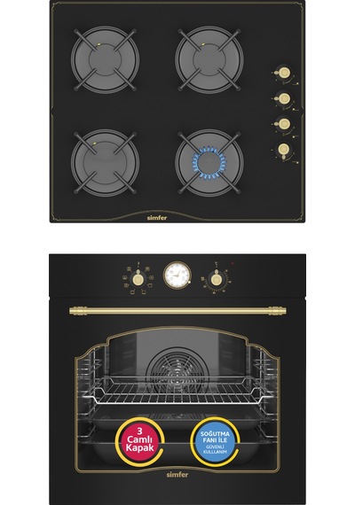 Simfer 8 Fonksiyon Retro Siyah Multi Turbo 2'li Ankastre Set (7349 Fırın + 3325 Ocak)