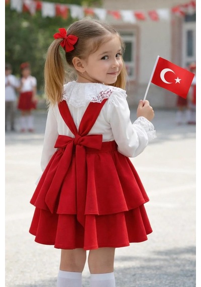 Miniko Kids 23 Nisan Kız Çocuk Uzun Kol Detaylı Bayramlık Salopet Etekli Takım Kırmızı