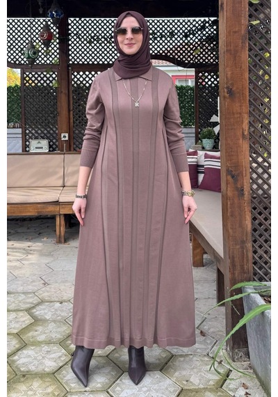 Rabia Şamlı Biricik Kemerli Triko Elbise Sütlü Kahve Normal