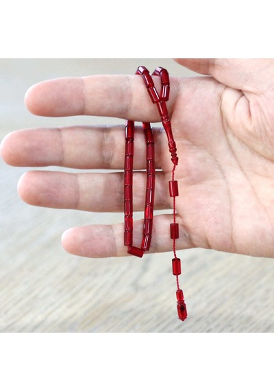 Tesbihname Ateş Kehribar Tesbih - Sistemli - Mini Boy - Koyu Kırmızı Renk - Kesme Kesim