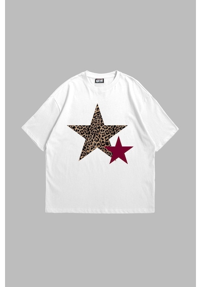 Tarzsokak Y2k Leopar Starz Baskılı Oversize Unisex Beyaz Beyaz