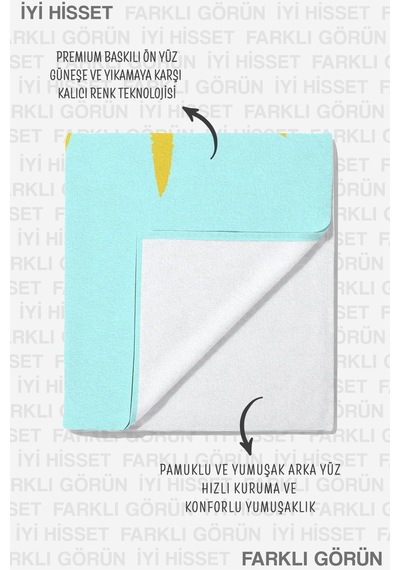 Güneş Temalı Turkuaz Sarı Plaj Havlusu - Minimalist Yaz Stili Hızlı Kuruyan Mikrofiber Havlu Serin Armut
