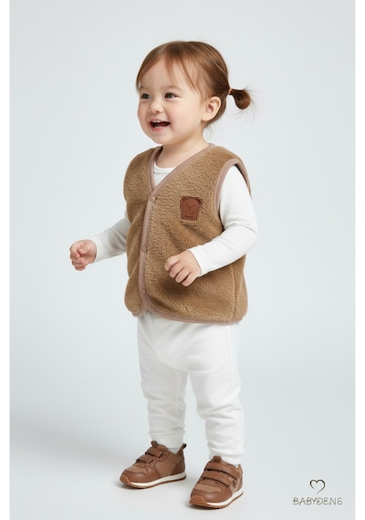 Babyden's Welsoft Kız Bebek Çocuk Çıtçıtlı Yelek Yumuşak Dokulu,ayıcık Armalı,peluş Bebek Yeleği Kahverengi