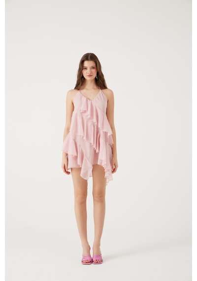 Holly Lolly Fırfırlı Boyundan Bağlamalı Mini Lea Elbise Pembe
