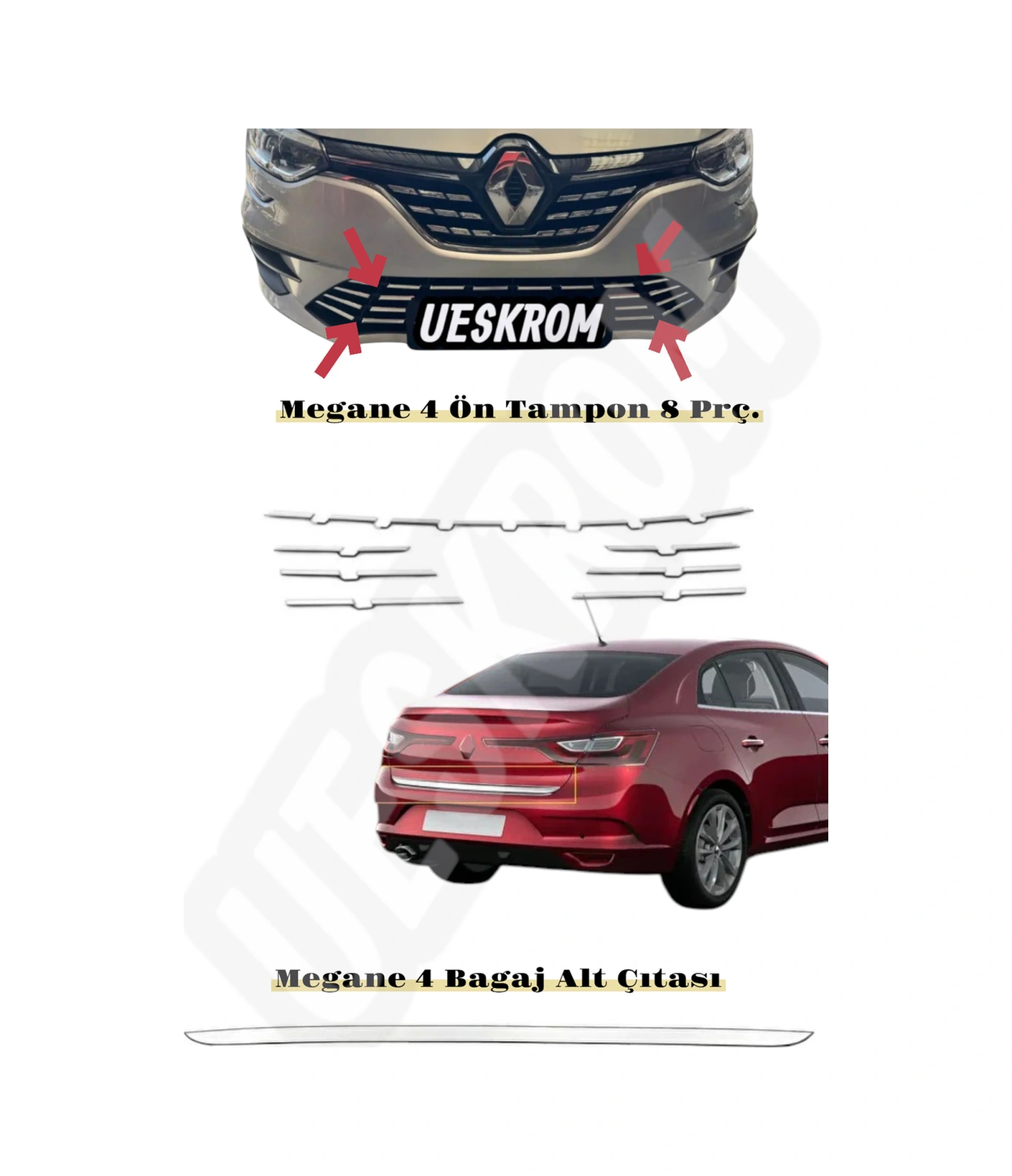 Ueskrom Renault Megane 4 Krom Ön Tampon Ve Bagaj Alt Çıtası 9 Parça 2020 Üstü