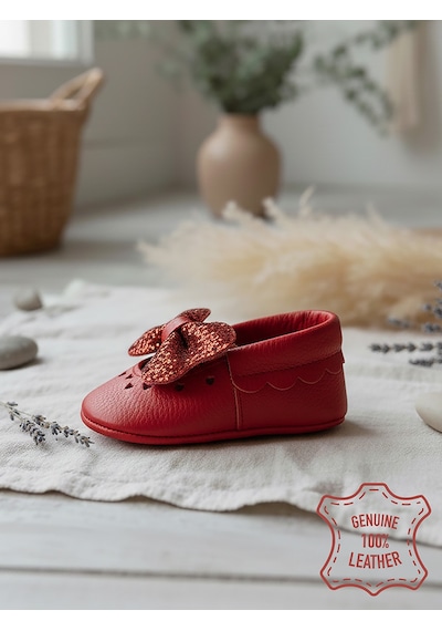 Denokids Kız Bebek Patik Hakiki Deri Taşlı Kırmızı Yumuşak Taban Ayakkabı 17-21 Numara Renkli