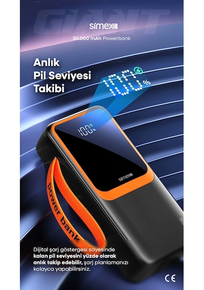 Simex S-36 Giant 30.000 Mah Prime Dijital Göstergeli Hızlı Şarj Powerbank