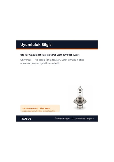 Trobus Oto Far Ampulü H4 Halojen 60/55 Watt 12v P43t 1 Adet