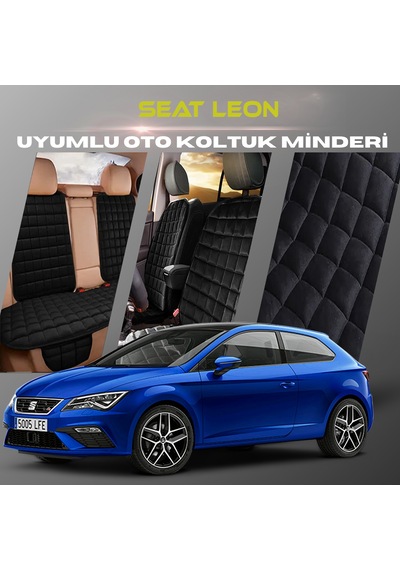 Seat Leon Siyah Renk Tay Tüyüü Cepli & Terletmez Sırtlı Oto Koltuk Minder Seti - Koltuk Koruma Kılıfı Ön & Arka Tam Set