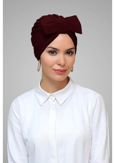 Hürrem Bone Bordo Pratik Hazır Geçmeli Tesettür Bone Sandy Kumaş Fiyonklu Büz (545490875) Bordo