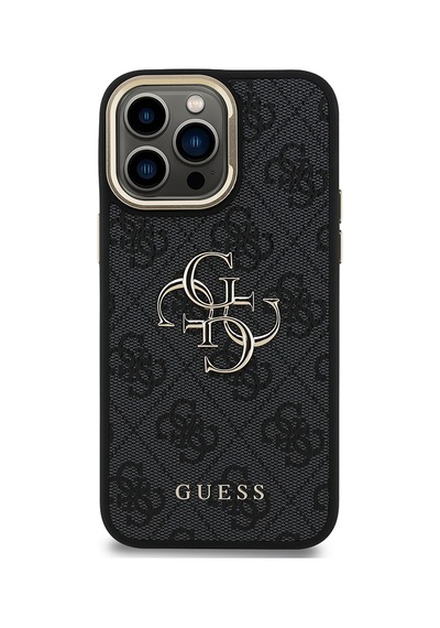 Apple iPhone 14 Pro Max Uyumlu Kılıf Guess Lisanslı Metal 4g Ve Yazı Logolu Kamera Standlı Kapak Siyah