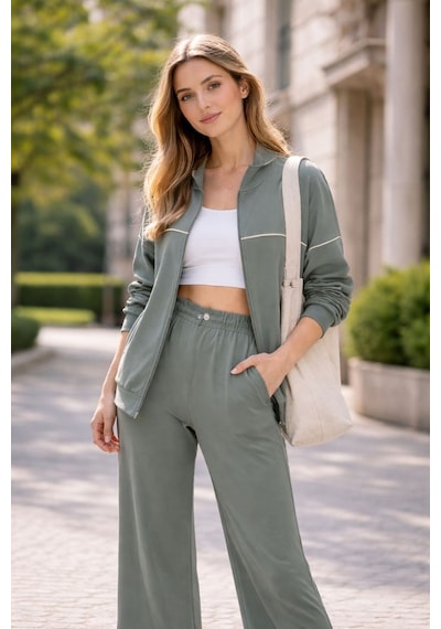 Esra Butik78 Kadın 2 Li Eşofman Takımı Fermuarlı Sweatshirt Ve Bol Paça Alt Rahat Günlük Takım Haki Esra Butik78 Kadın 2 Li Eşofman Takımı Fermuarlı Sweatshirt Ve Bol Paça Alt Rahat Günlük Takım Haki
