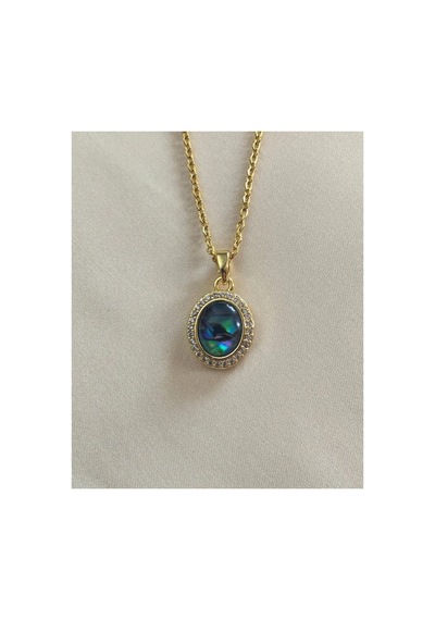Lunarie 14k Gold Çelik Oval Halo Taşlı Kolye Küpe Takı Seti Altın
