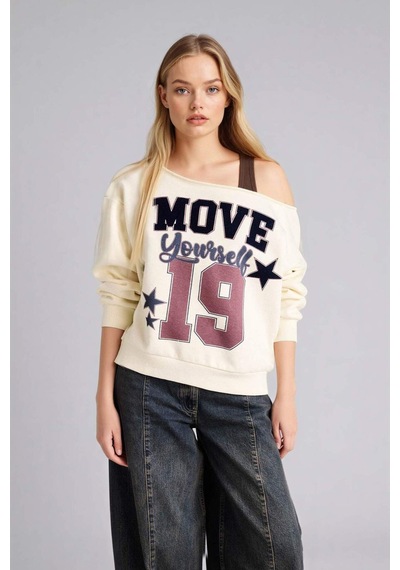 Defacto Oversıze Kayık Yaka Baskılı Sweatshirt G9613ax26spbg418 Bej-bg418