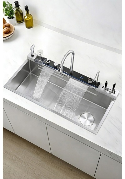 Lüx Dijital Akıllı Eviye Seti Premium Krom Akıllı Mutfak Evyesi- 100x46 Cm Çok Fonksiyonlu- Silver
