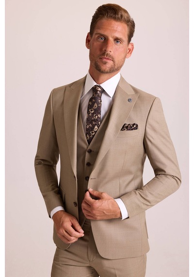 Ysf Erkek Bej Slim Fit Sivri Yaka Yelekli Takım Elbise Bej