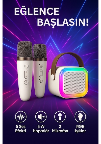 Mikrofonlu Bluetooth Karaoke Hoparlör Rgb Led Işık 5 Ses Efekti Taşınabilir Ses Bombası