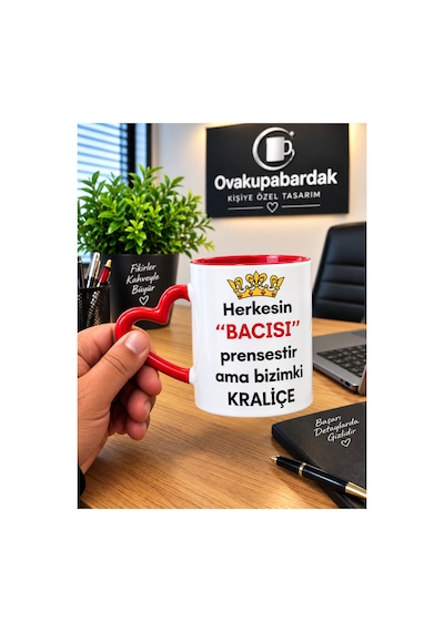 Porselen Kalpli Bacim Kupası Kırmızı Kırmızı