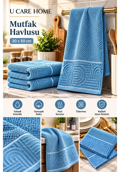 Yumuşacık Jakarlı Sıkı Doku Mutfak Havlusu %100 Organik Pamuk Lüx Dokuma Mavi - 945175533 Mavi