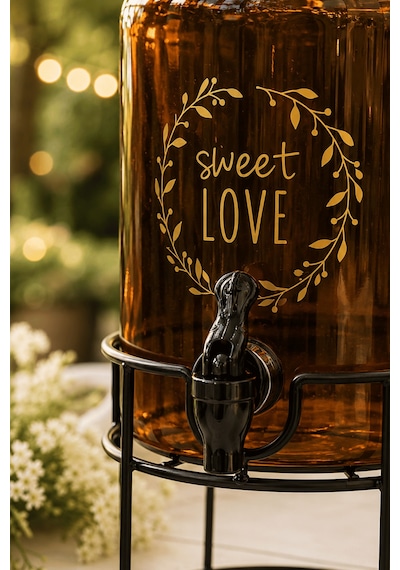 4 Litre Amber Cam Sebil Standlı Dispenser Musluklu İçecek Sunumluk Şerbetlik Kahverengi