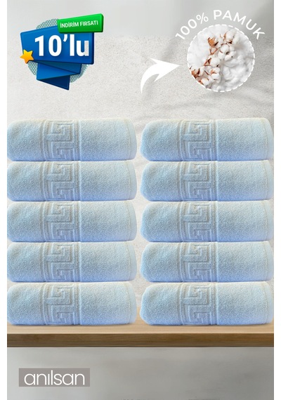 10'lu Mavi Greek Beyaz Banyo Havlusu - 70x140 Cm, 490 Gr, %100pamuk, Spa Ve Otel Havlusu Mavi