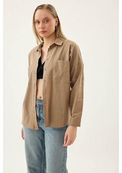 Vitrin Basic Oversize Önden Cepli Gömlek VİZON