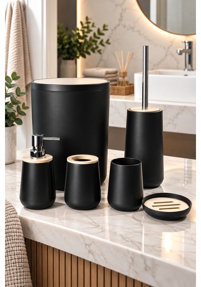 Eva 6 Parça Bambu Detaylı Banyo Seti Siyah
