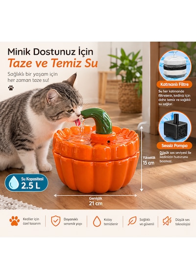 Otomatik Seramik Kedi Su Pınarı 2.5 Lt Seramik Su Çeşmesi Seramik Su Sebili Sessiz Pompa, 3 Katmanlı Filtre, Büyük Boy, Makinada Yıkamaya Uygun, Kolay Temizlik