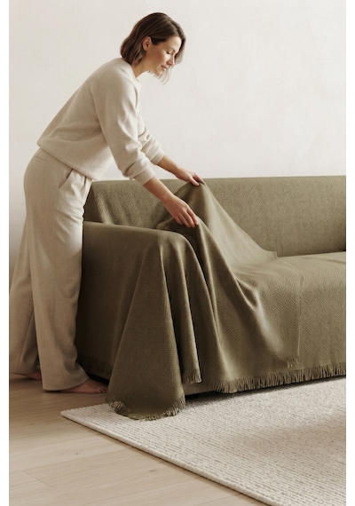 İskandinav Dokulu Pamuklu Saçaklı Koltuk Örtüsü Ve Koltuk Şalı Kaymaz Terletmez 180x300 Cm Haki