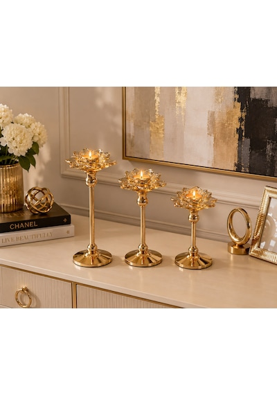 Chacha Home 3'lü Metal Ayaklı Lotus Kristal Cam Şamdan Mumluk Seti 29 Cm - 24 Cm - 19 Cm - Dekoratif Nilüfer Çiçeği Mum Standı Gold